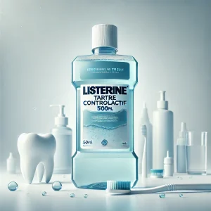 A clean and fresh product scene featuring a bottle of Listerine Tartre Controlactif 500ml. The bottle should have a sleek