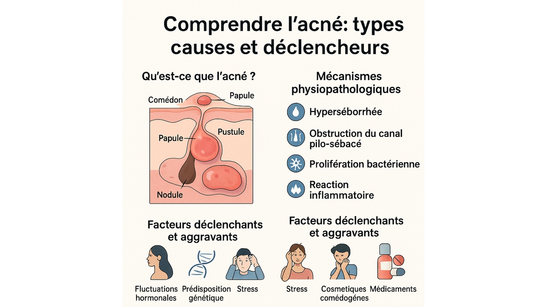 Educational infographic showing acne types—comedone, papule, pustule, nodule—alongside physiopathological mechanisms and aggravating factors like hormones, stress, and medications