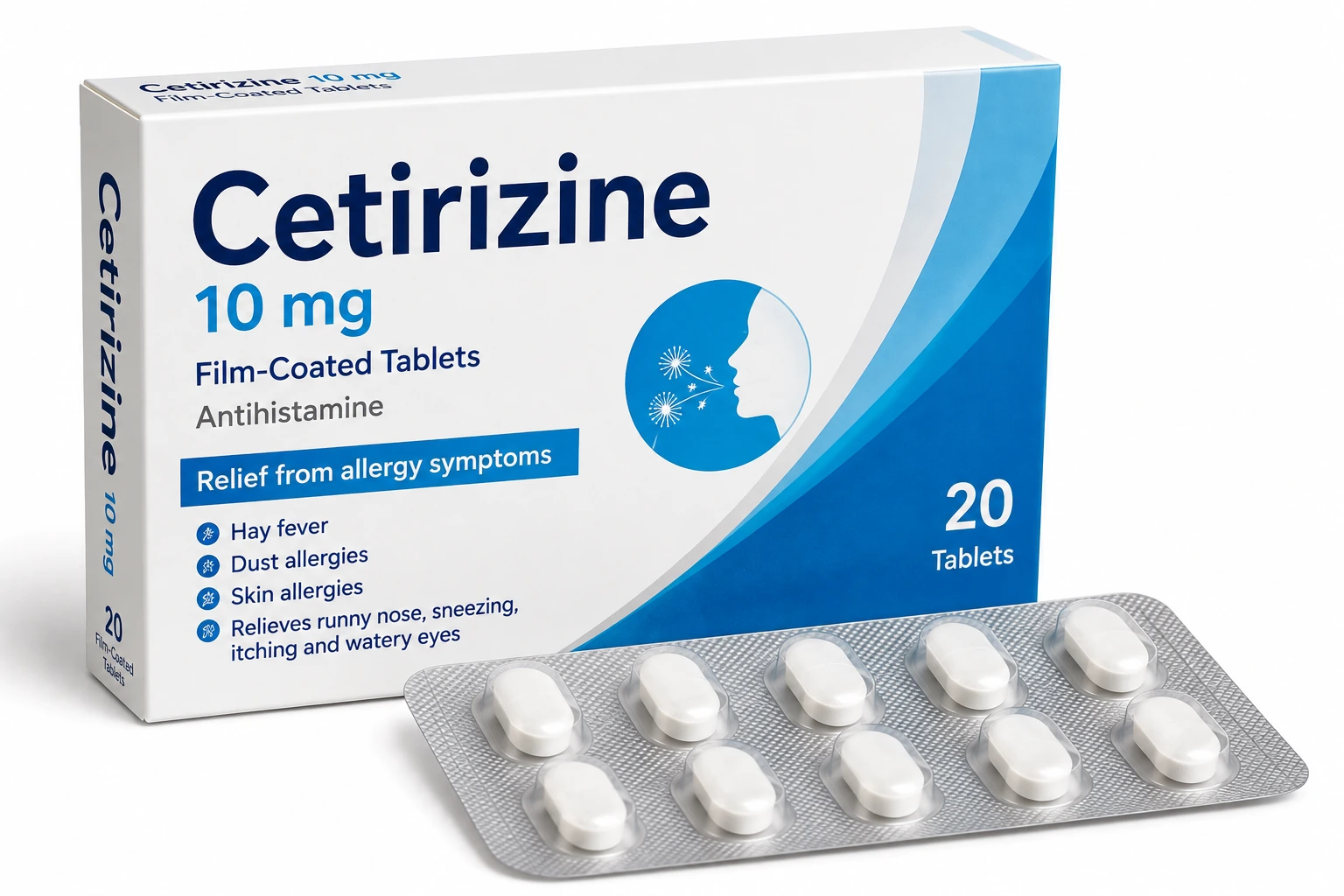 Cétirizine 10 mg comprimés pelliculés, boîte de 20 comprimés